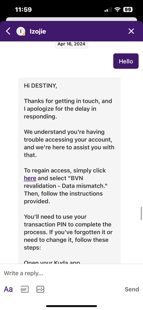 _deedestiny's tweet photo. @kuda__team hello Kuda my account was blocked account no 2001553918 I have done everything I was sent a mail from the customer care team that my account will be unblocked after carrying out this procedure. I did exactly what I was told and I realized the BVN wasn’t mismatched. https://t.co/56iIdNXhGf