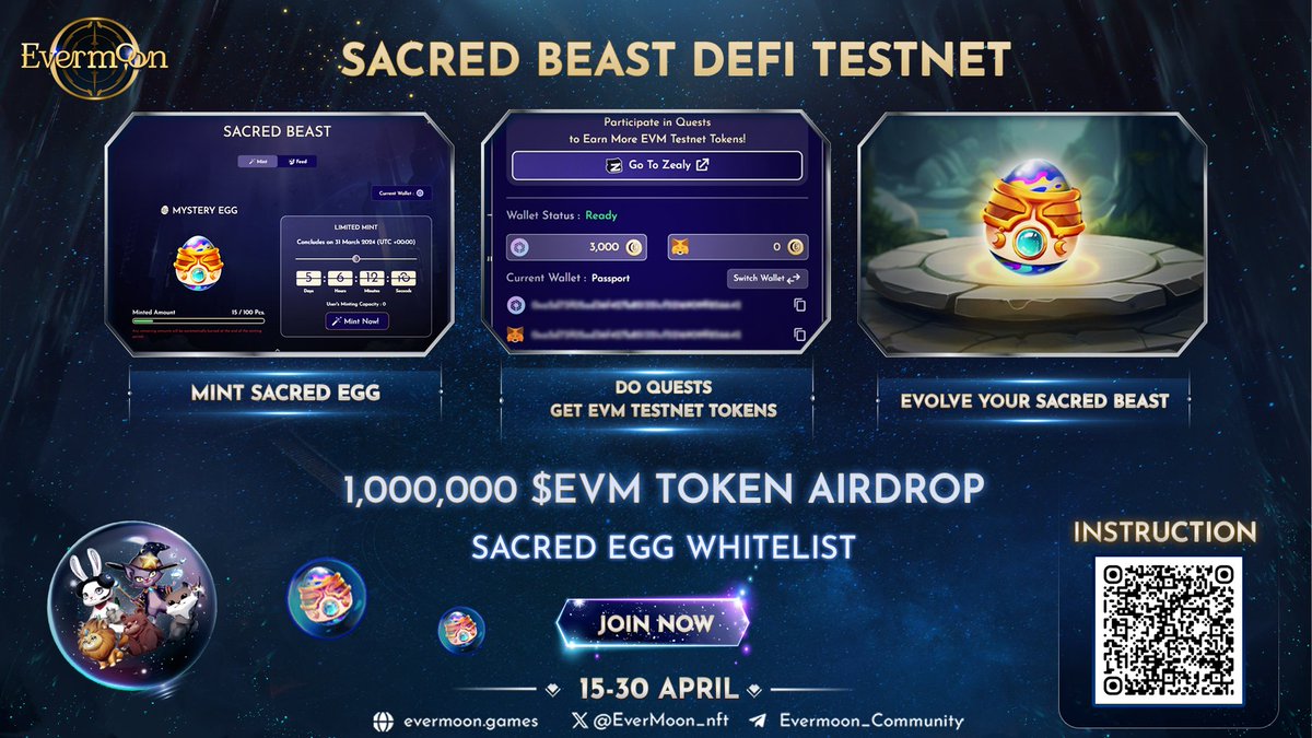🚀 Evermoon “Sacred Beast Testnet”: Test DeFi, earn BIG, shape Evermoon's future! 🎉

How to Win:
🏆 Leaderboard: Mint Egg, do quests, top 200 get “Sacred Egg” FREE mint!
💰 Level 3 Sacred Beast= share 1M $EVM!

🔥 Details:
• JOIN: testnet.evermoon.games/sacredbeast
• April 15-30, GMT+7