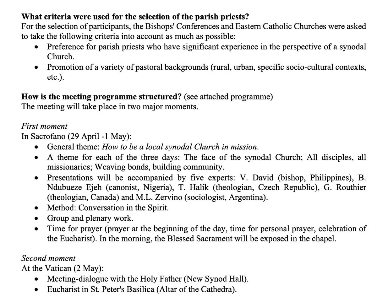 The Vatican's synod office (@Synod_va) has released the schedule of its April 29-May 2 meeting of 200+ parish priests from all over the globe. It will include a dialogue with #PopeFrancis, presentations from Vatican officials and theologians and synodal conversations.