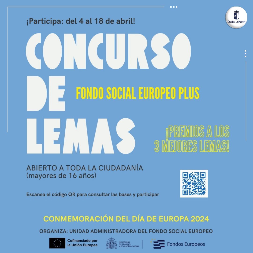 🌟 ¿Quieres dejar tu huella en la celebración del Día de Europa? ¡Esta es tu oportunidad! 🎨 Participa en el concurso de lemas del Fondo Social Europeo Plus y muestra tu talento al mundo. 💼 ¡Inscríbete ya! #FSE+ #EuropaSeSiente #FondosEuropeos #UnionEuropea #JCCM