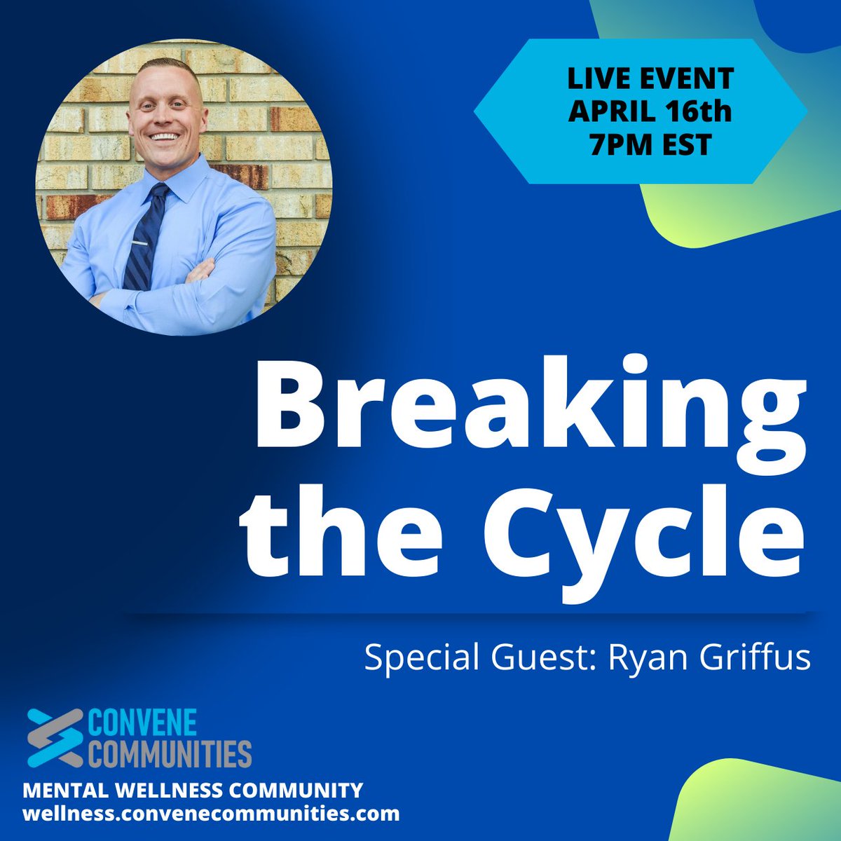ConveneComms's tweet photo. MENTAL WELLNESS COMMUNITY PODCAST TONIGHT - 7PM EST 
Ryan Griffus  shares his incredible story of resilience and vision behind Cycle Breakers- a program that uses a unique approach to support at-risk youth and adults in breaking negative patterns of thought and behavior. https://t.co/uWkno4O68b
