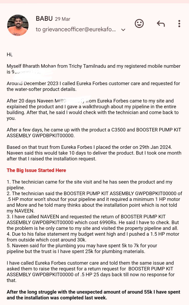 babu4love's tweet photo. @EurekaForbes  Your sales team cheated with the false information. Regarding this I have sent the details email on 29 March till now no one from your team is not connected with me. https://t.co/FPFoV97528