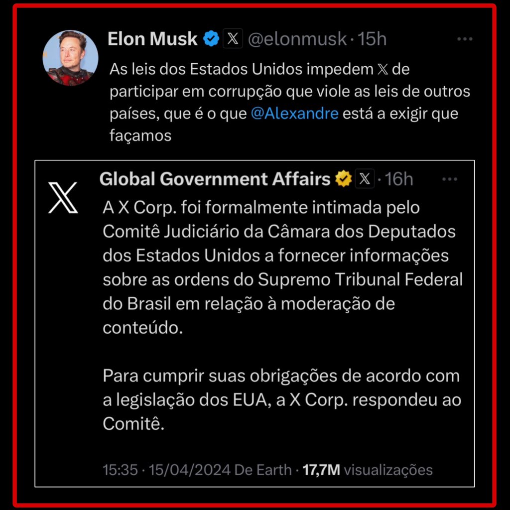 Elon Musk diz que se o X fizer o que Alexandre de Moraes lhe pede estará violando a lei americana. Daí temos:

1) Musk joga Alexandre de Moraes para se explicar perante as leis dos EUA;

2) E bota a Meta (FB/Insta) numa sinuca: se a Meta não reclamou, eles atenderam ao Alexandre?