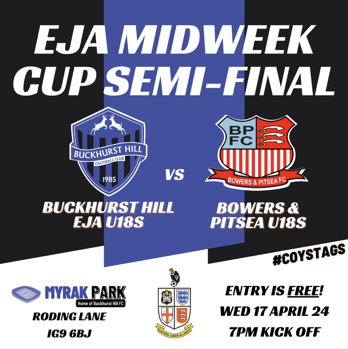 Our U18s continue their push for silverware 🏆 vs Bowers in the SF of the midweek cup 🔵⚫️🔵
the game is at Home at Myrak Park so your support would be amazing! 
#COYStags 🦌