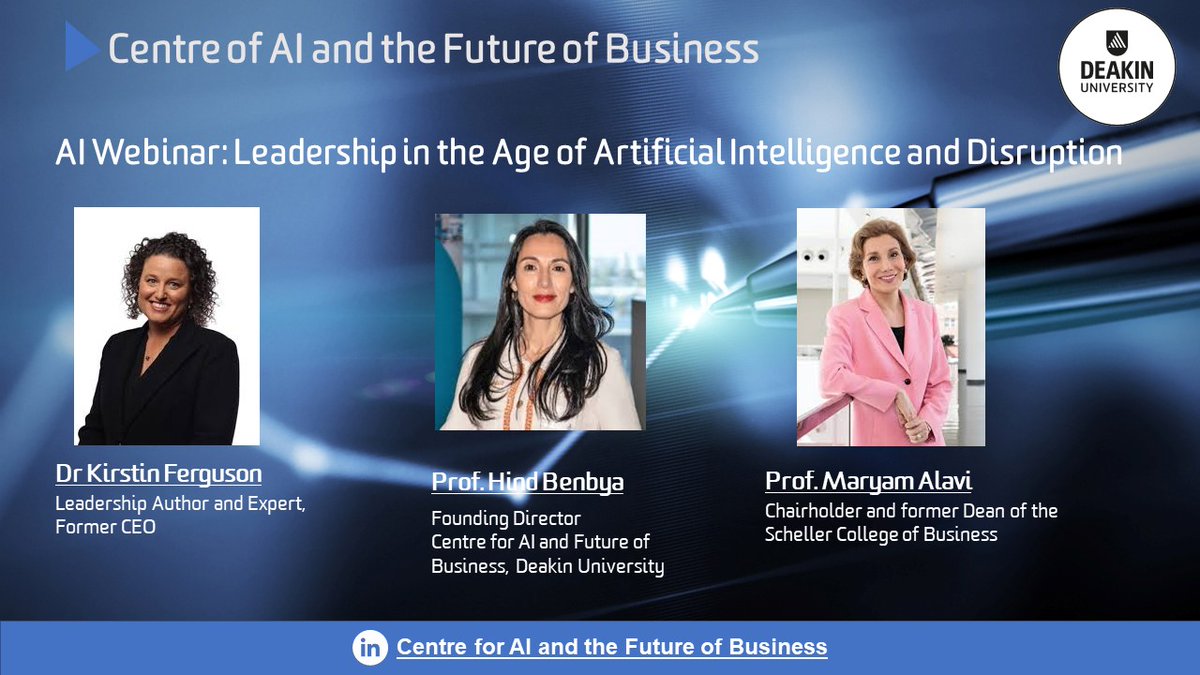 HBenbya's tweet photo. 👉Happening this Thursday April 18th at 🕚10 am AEST! Join this online conversation on Leadership in the age of artificial intelligence and disruption. 
✍Register here: https://t.co/JAhG3GGJ4Q
@Dean_Alavi @kirstinferguson @HBenbya @deakin 

#ai #disruption #leadership https://t.co/dXbB4Fzqlt