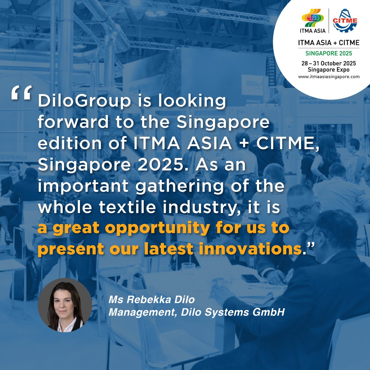 Be one of the 600 companies expected to   secure a spot at #ITMAasiaCITMEsg2025. Stand space application is now open.

Find out why   you should exhibit: itmaasiasingapore.com/exhibitors/why…

#ITMA #TextileInnovation #TextileTechnology #TextileManufacturing