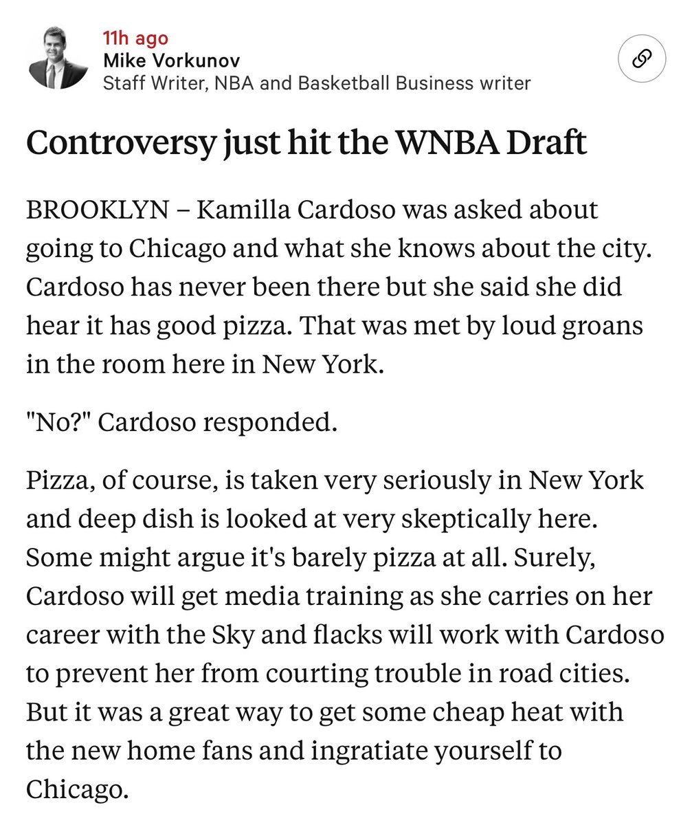 Mike_PiFF03's tweet photo. I don’t see draft grades in here but I think Mike Vorkunov could use some “media training” to better understand that Chicago pizza isn’t just deep dish. https://t.co/PybBsTQffS