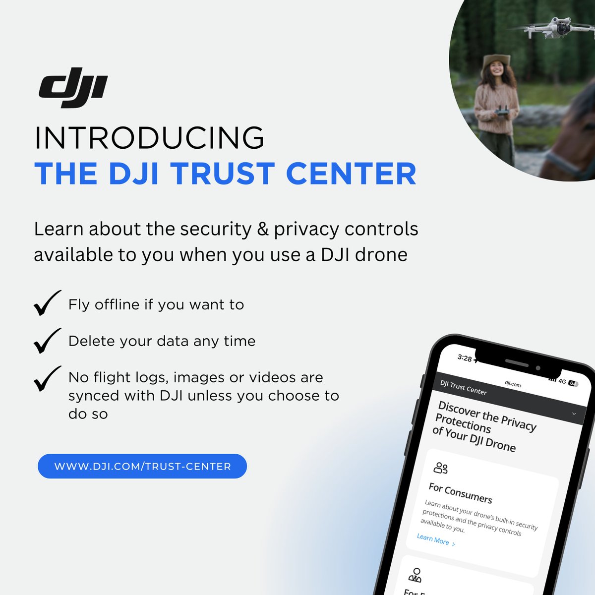 Introducing the DJI Trust Center, an information center for operators to better understand and optimize the expanded range of privacy controls built into our drones.

✅ By default, flight logs, images, and videos are not synced with DJI. You must opt-in.
✅ Operators who need…