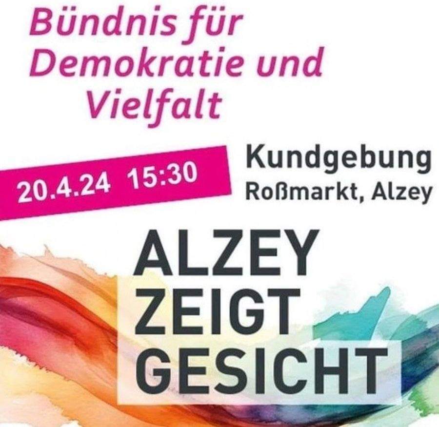 #Alzey

Demo gegen Rechts

❤️💜💙🩵💚💛🧡🩷

#fckafd
#NieWiederIstJetzt
#DemosGegenRechts #WirSindDieBrandmauer #WirSindMehr #LautGegenRechts #Demokratie #BuntStattBraun