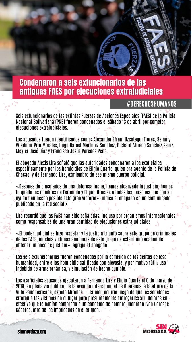 Sinmordaza's tweet photo. Condenaron a seis exfuncionarios de las antiguas FAES por ejecuciones extrajudiciales
#derechoshumanos #DDHH #DDHHvenezuela #ejecucionesextrajudiciales #FAES #EligioDuarte #FernandoLira https://t.co/AjHFEDGrnj