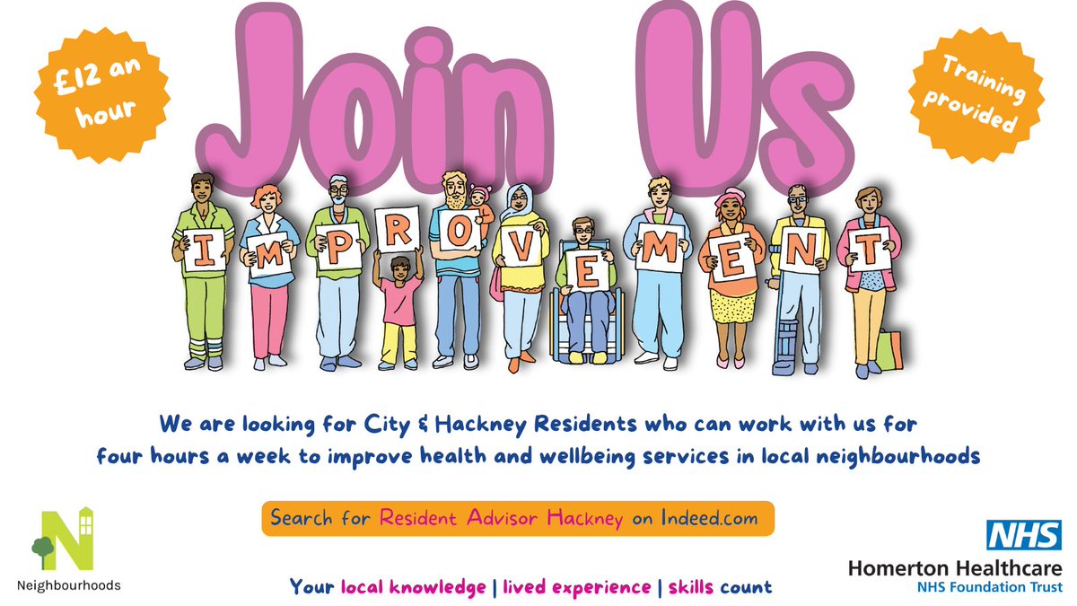 Would you like to help shape the future of health and wellbeing in City and Hackney Neighbourhoods? We are looking for a small, diverse group of residents of City and Hackney to help us redesign, plan, develop and improve our services. Details at: uk.indeed.com/job/resident-a…