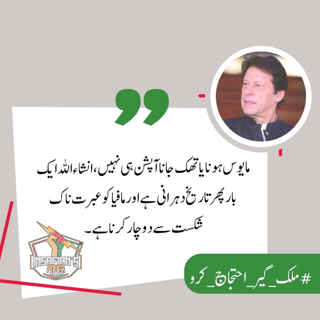 Imran Khan and his party campaigned against corruption, inequality, and the prevailing political establishment.

#ملک_گیر_احتجاج_کرو 
@TeamiPians