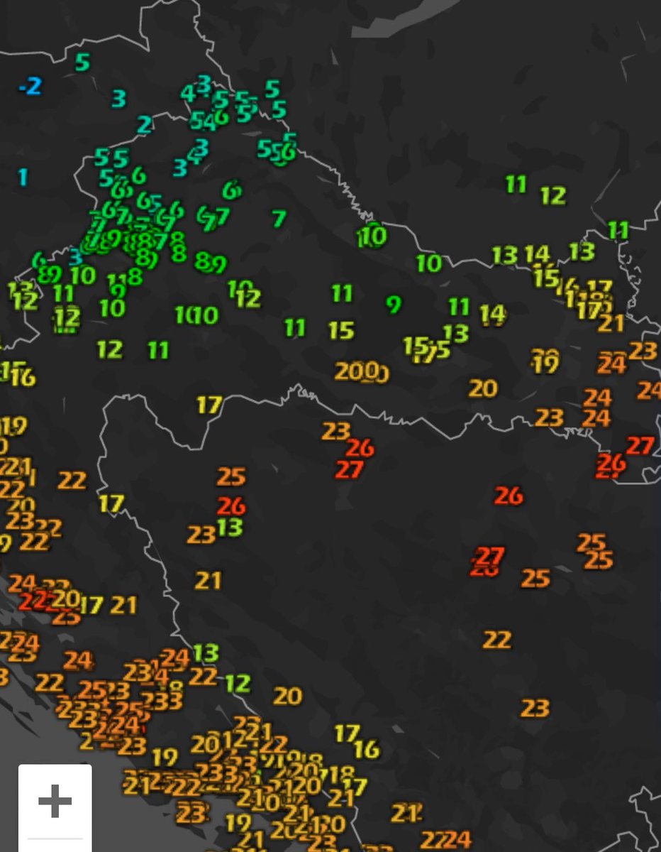 SliskovicGoran's tweet photo. Trenutne temperature. 
Dok je na sjeverozapadu Hrvatske tek nekoliko stupnjeva iznad nule u isto vrijeme u dijelu sredisnje i sjeverne Bosne mjeri se ljetnih 27°C! https://t.co/5ogHnNaGn2