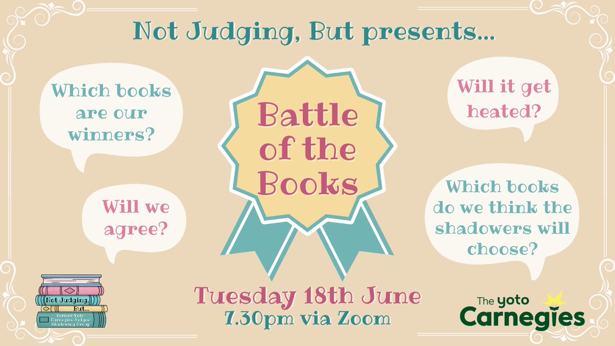 Not Judging But (@not_judging) on Twitter photo 📢 FORMER CARNEGIES JUDGES ASSEMBLE- for the final time this year!
Tonight we will be hosting a BATTLE OF THE BOOKS session for #NotJudgingBut where we will discuss ALL of the <a href="/CarnegieMedals/">The Carnegies</a> shortlisted titles and pick our winners!
See you online at 7.30pm, bookish chums! 📢 FORMER CARNEGIES JUDGES ASSEMBLE- for the final time this year!
Tonight we will be hosting a BATTLE OF THE BOOKS session for #NotJudgingBut where we will discuss ALL of the <a href="/CarnegieMedals/">The Carnegies</a> shortlisted titles and pick our winners!
See you online at 7.30pm, bookish chums!