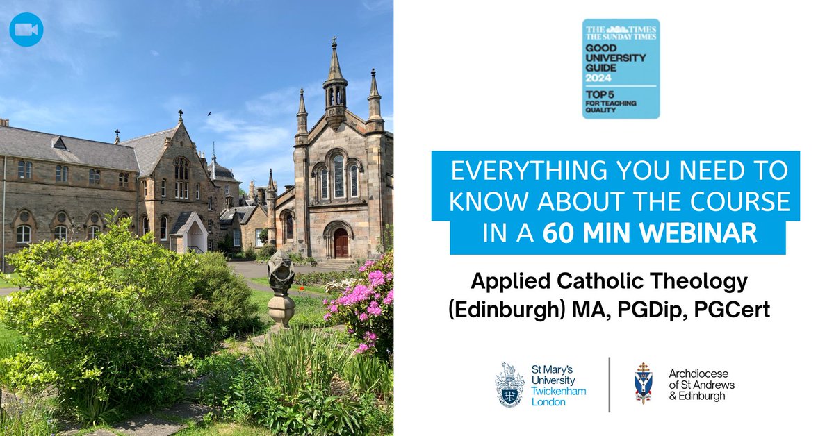 Join our 60 min webinar to find out about the MA in Applied Catholic Theology Course at @YourStMarys Scottish campus in Edinburgh. 📅 Wednesday 29 May 6-7pm. Register at bit.ly/theologywebinar