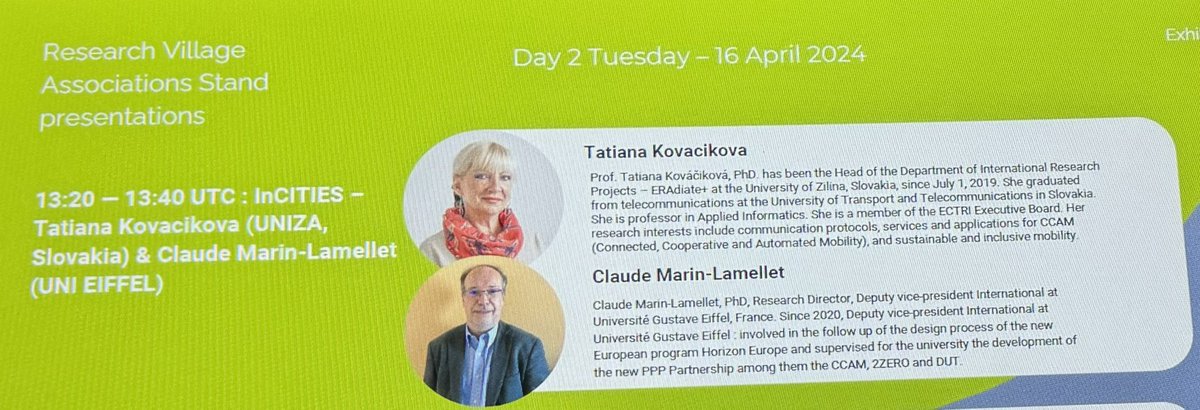 #TRA2024 🍀 Join us today from 13:20 - 13:40 at Hall 1 - Research Village Associations Stand (#6) for an inspiring presentation of the @_InCITIES project by Tatiana Kovacikova from @UNIZA_ZILINA, Slovakia 🇸🇰 & Claude Marin-Lamellet from @UGustaveEiffel 🇫🇷