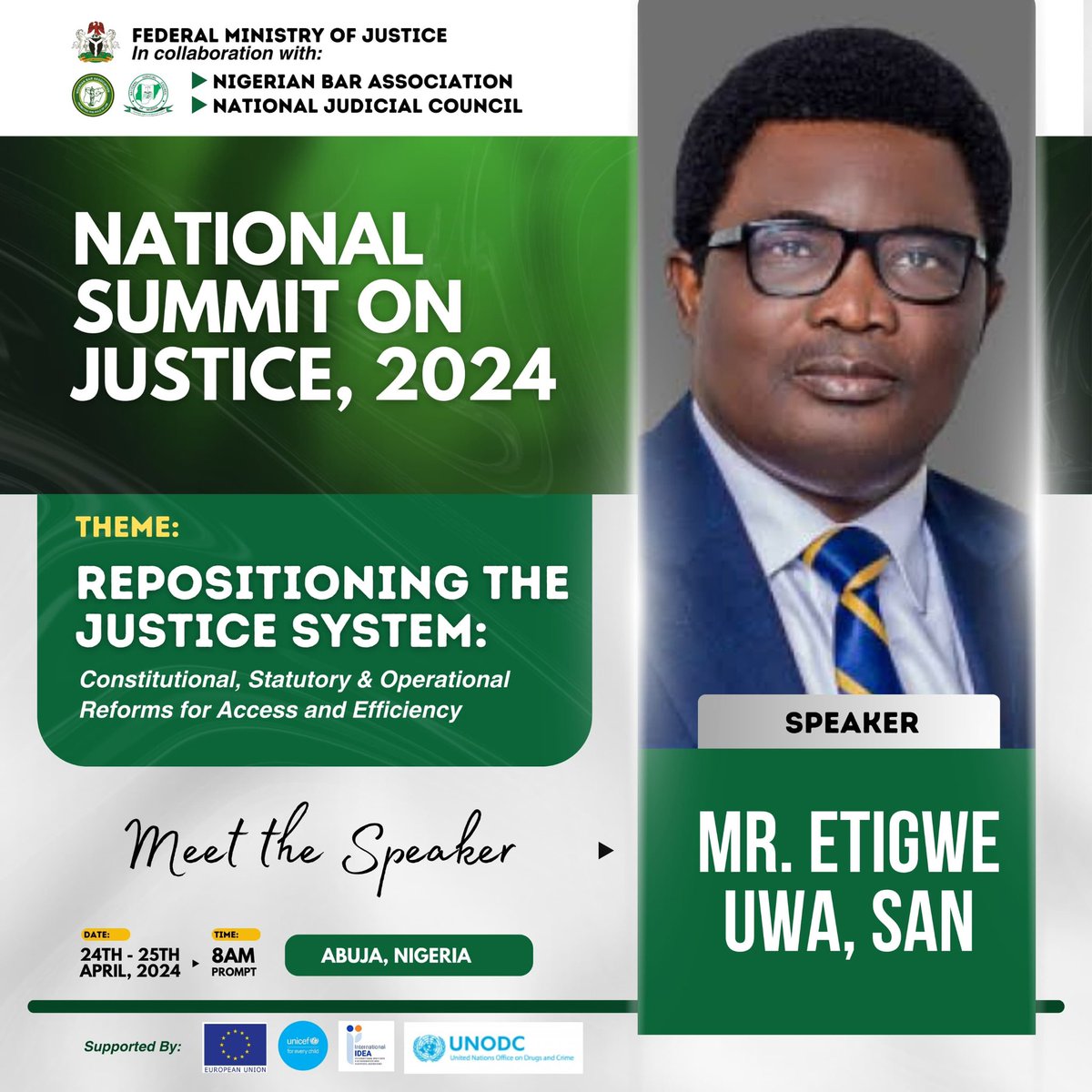 SSKohnNG's tweet image. Our Partner and head of Dispute Resolution Department, Mr. Etigwe Uwa, SAN will speak at the National Summit on Justice 2024, themed "Repositioning the Justice System." The event aims to address justice system challenges, promising impactful reforms.

#WeAreSSK, #Nigeria