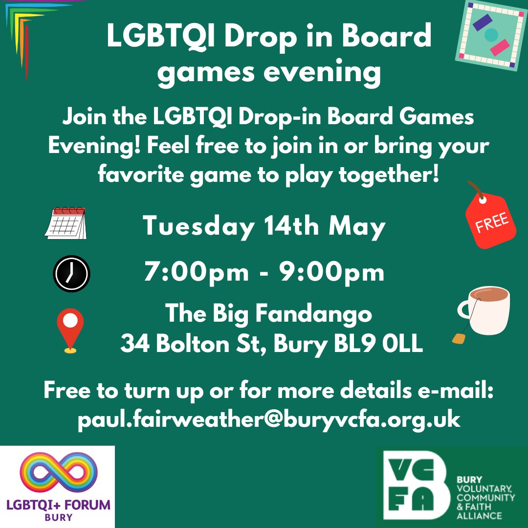 Join the LGBTQI Drop-in Board Games Evening! 🏳️‍🌈🎲 Feel free to join in or bring your favourite game to play together! Tuesday 14th May, 7:00pm - 9:00pm at The Big Fandango, Bury! 😃🎉