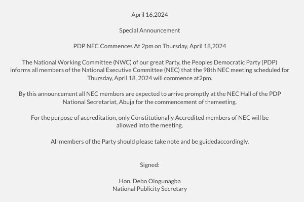 Just In: PDP NEC Commences At 2pm on Thursday, April 18, 2024.