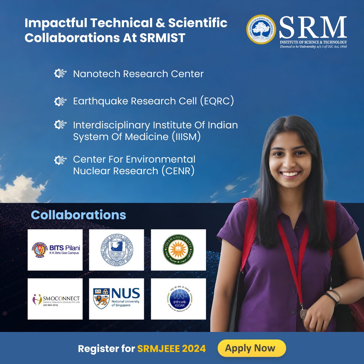 Build your technical and scientific skills and knowledge📚 at #SRMIST for your professional growth.

Applications are NOW open!

Check out bit.ly/3VB41yo to fill out your application form.

#admissions #srmuniversity #srmkattankulathur #SRM #education #placements