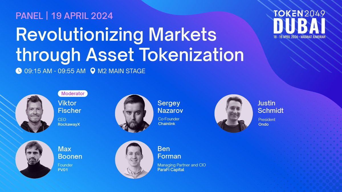 Ondo's tweet photo. Join Ondo Finance President &amp; COO, @JustinUS, alongside @viktorfischer @SergeyNazarov @maxboonen &amp; Ben Forman, on the main stage at @token2049, April 19th 9:15am, discussing the revolutionization of markets through asset tokenization. https://t.co/U58jksOKyv
