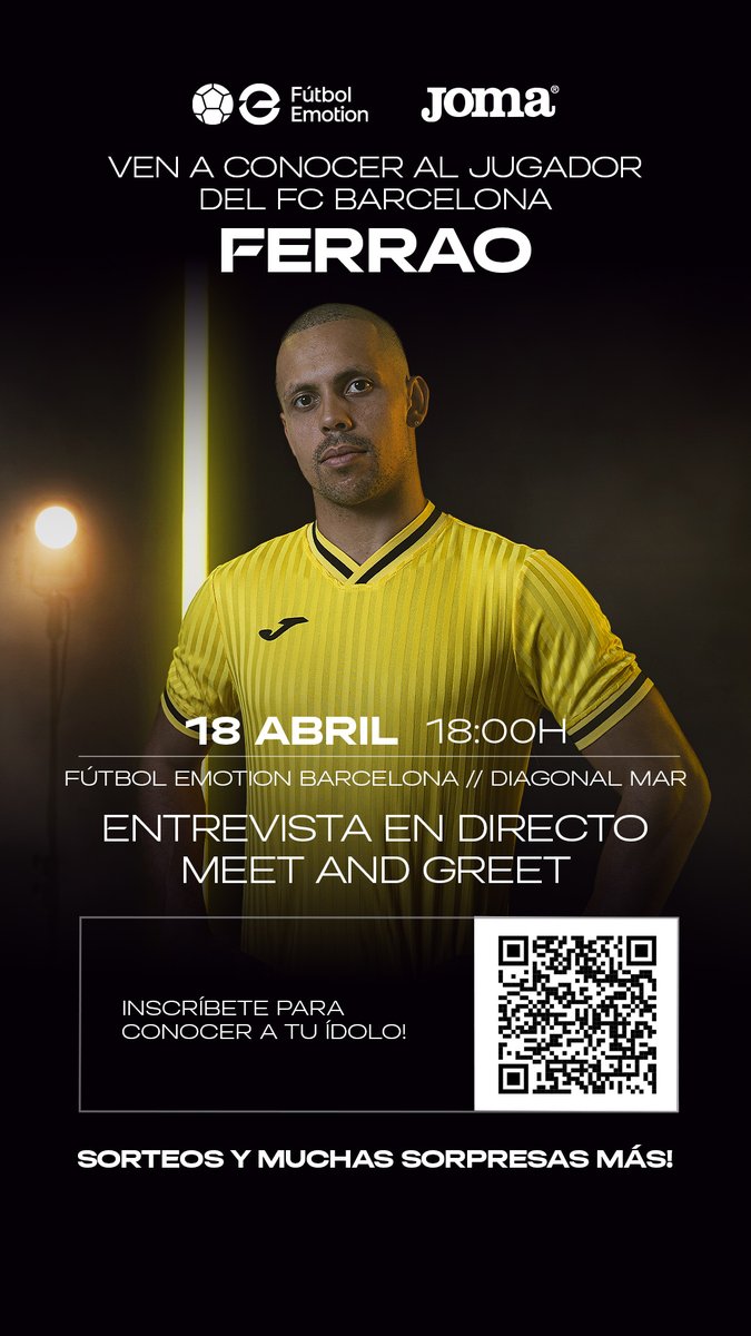¡Ven a conocer a Ferrao! 📅 Jueves 18 📍 Tienda Fútbol Emotion Barcelona CC Diagonal Mar ⏰ 18:00 ¡TE ESPERAMOS! -- @JomaSport @Ferrao11futsal