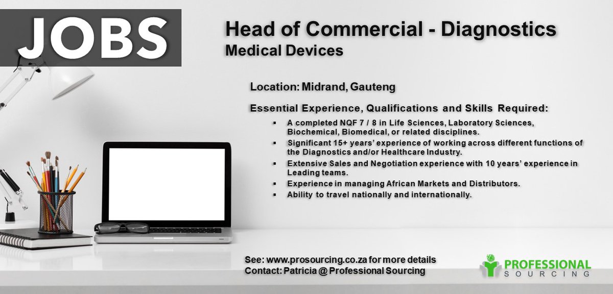 prosourcing.co.za/jobs/head-of-c…

An international Medical Devices manufacturing concern is seeking to appoint a Head of Commercial - Diagnostics.

#medicaldevices #laboratoryscience #SalesOpportunities #jobsearch #professionalsourcing