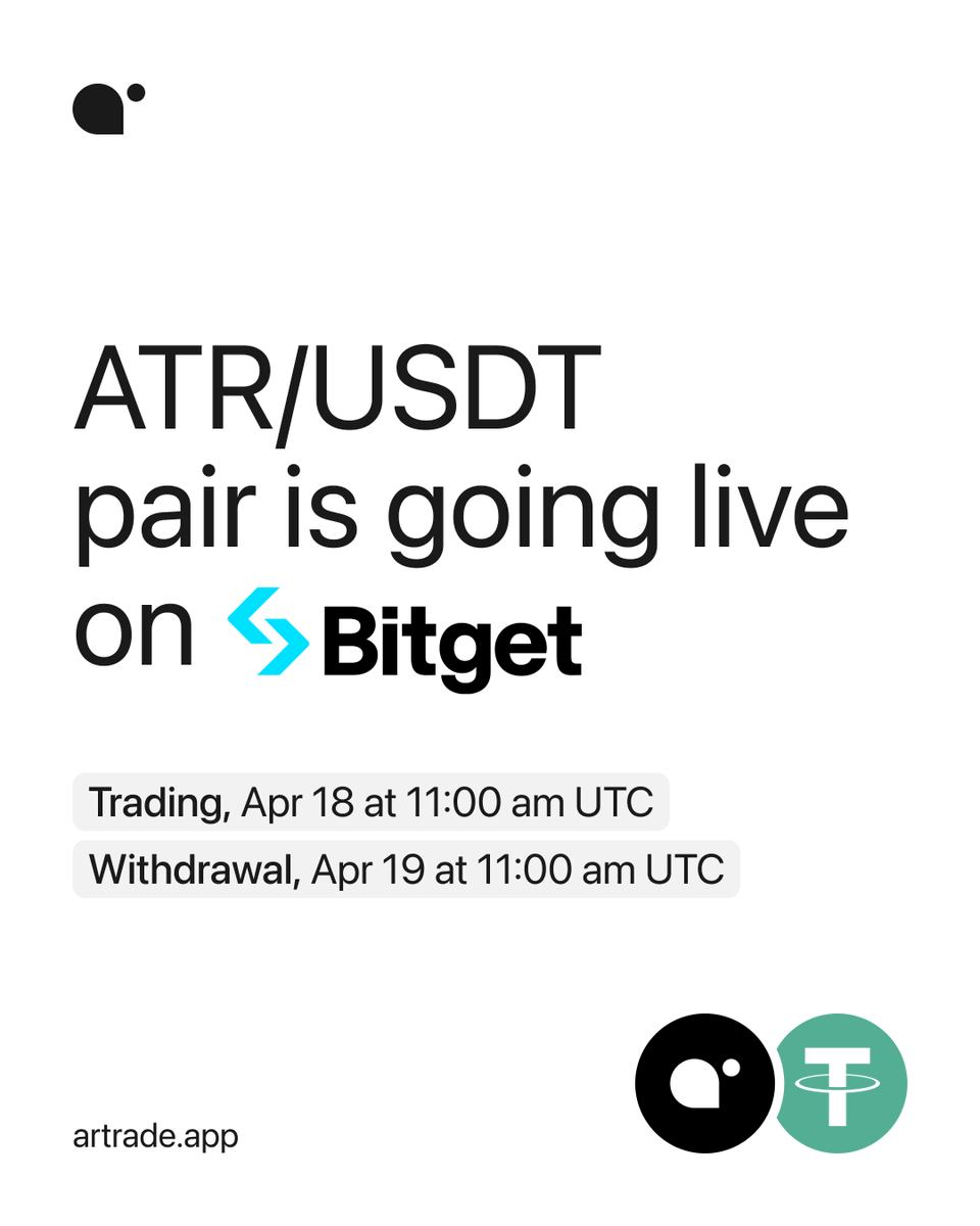 Artrade is going to be listed on Bitget on April 18th 🚨

This marks another milestone for us 🙌

A quick look at Bitget:

• Among the top 10 largest exchanges
• 24h trading volume exceeds $5 billion
• Lists over 700 cryptocurrencies

Are you excited about this new listing? 👀
