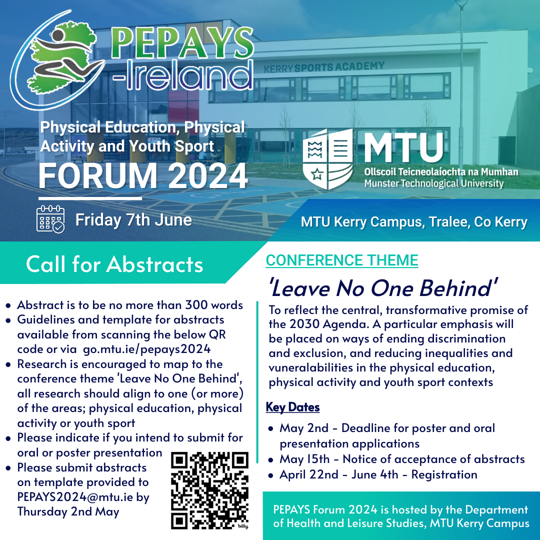 We are delighted to announce that the PEPAYS Ireland Forum 2024 will take place at the Munster Technological University Kerry campus, Tralee, Co. Kerry on Friday June 7th. The theme of the forum is ‘Leave No One Behind’.