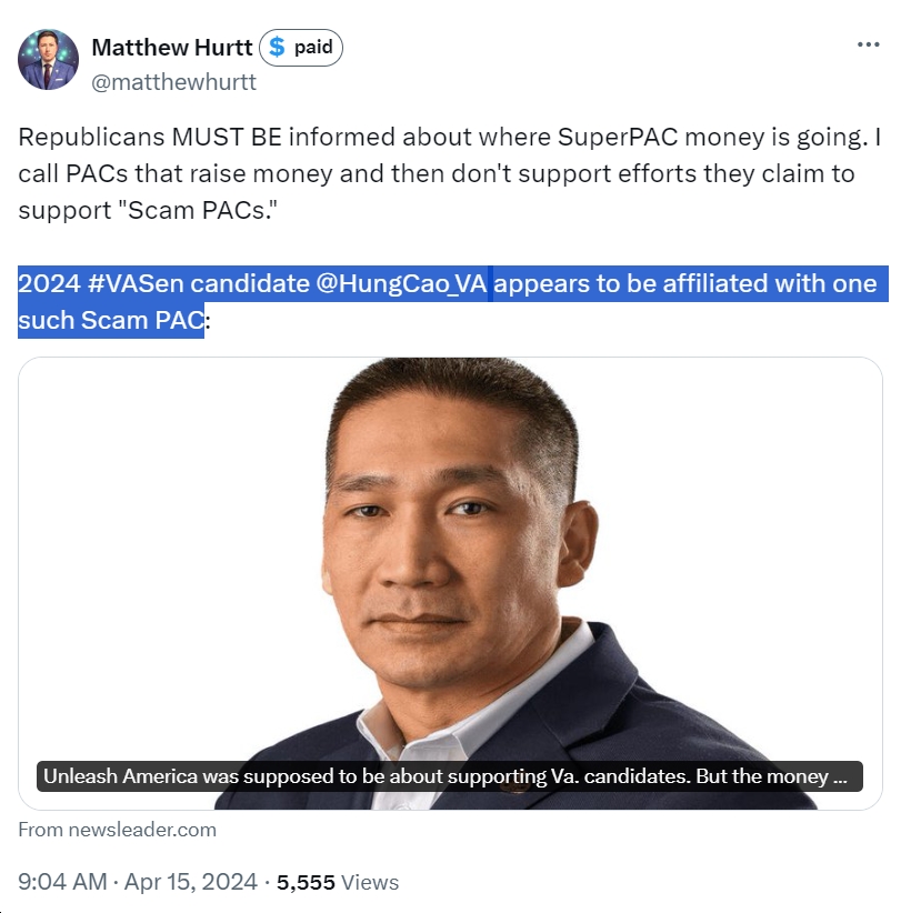 Arlington GOP Chair: '2024 #VASen candidate @HungCao_VA appears to be affiliated with one such Scam PAC:' bluevirginia.us/2024/04/as-kai… cc: @arlingtondems @vademocrats