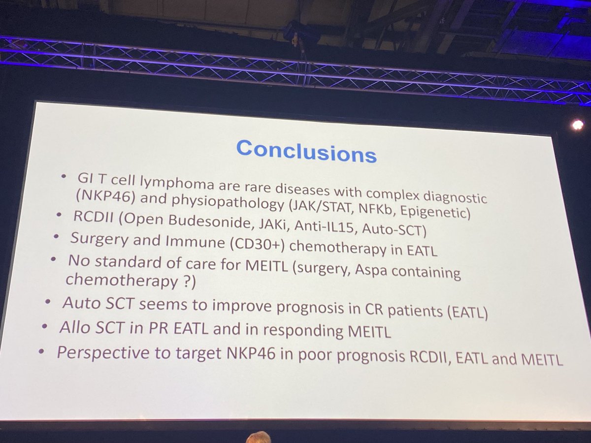 Fantastic talk #OlivierHermine #EBMT24 👏👏
GI T cell lymphoma 
Access to CD30-directed immunotherapy (BV)?
Role of BEAM auto-SCT consolidation?
BV maintenance in ‘more frail’ 
RCDII insight &amp; interventions 
Ongoing studies
