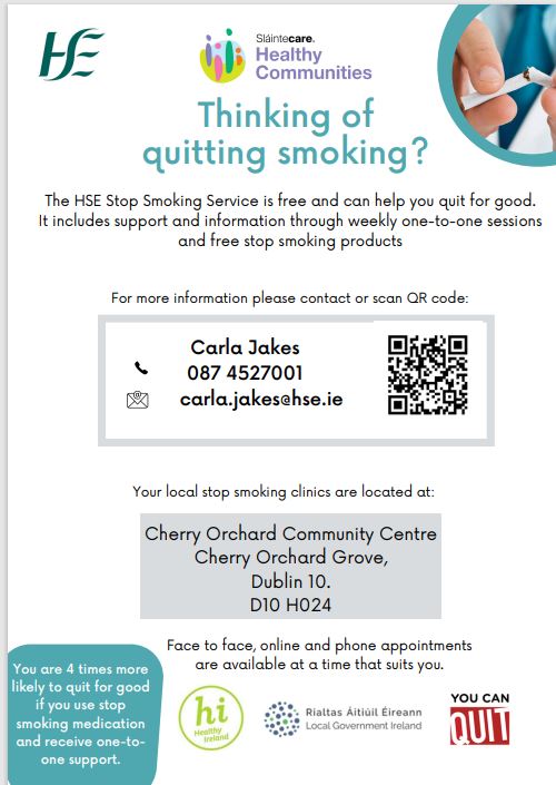 Do you need support to #Quit smoking? There is a brand new smoking clinic on Thursdays from 1.30pm-5pm in The Orchard Centre, Cherry Orchard, Dublin 10.  You are more likely to Quit with support and stop smoking products are provided free of charge. Contact details below. #Quit