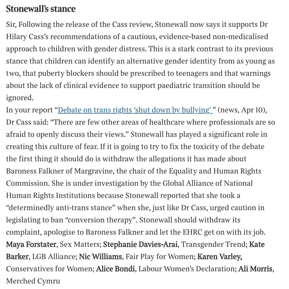 Our letter in @thetimes with @Transgendertrd @AllianceLGB @fairplaywomen @CforWomenUK @LabWomenDec @LibVoice4Women @ForWomenScot @MerchedCymru Stonewall should withdraw its complaint against EHRC following the Cass Review thetimes.co.uk/article/1d2fdf…
