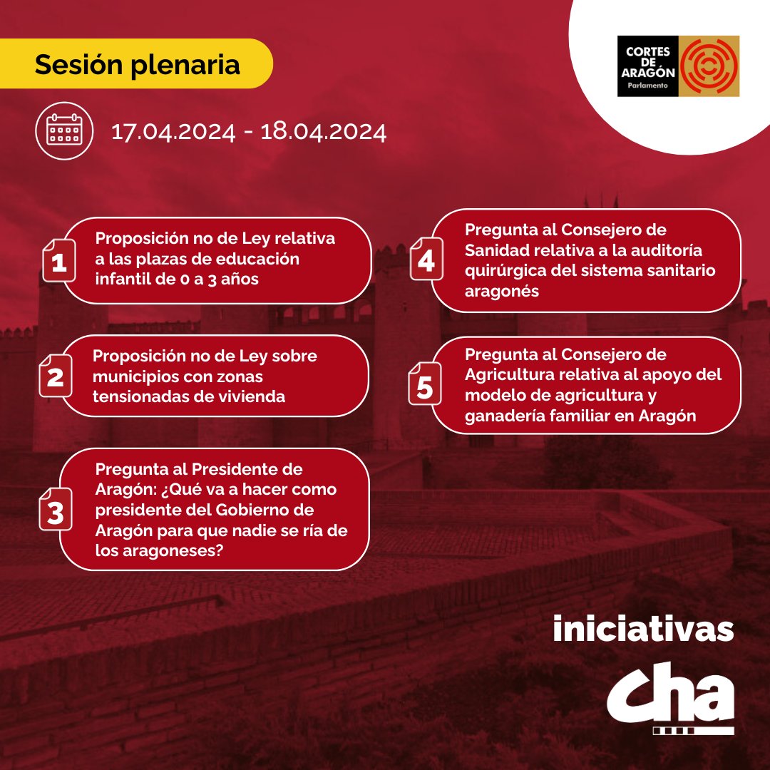 🗣️ Mañana y el jueves hay #PlenoAragón en las @cortes_aragon
👉 Estas son las iniciativas presentadas por @CHACortes