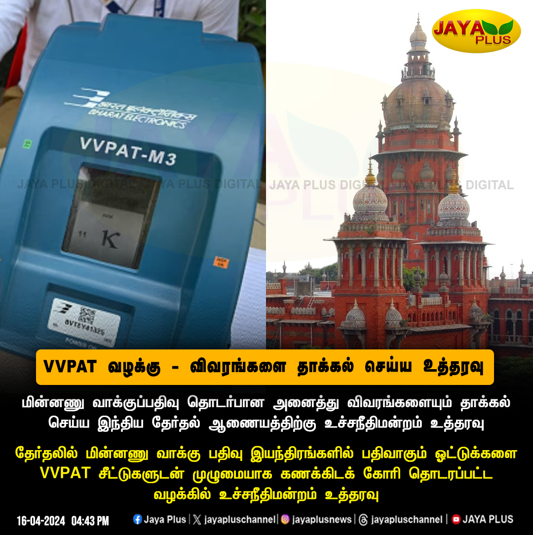 jayapluschannel's tweet image. மின்னணு வாக்குப்பதிவு தொடர்பான அனைத்து விவரங்களையும் தாக்கல் செய்ய இந்திய தேர்தல் ஆணையத்திற்கு உச்சநீதிமன்றம் உத்தரவு

#Ballot #VotingMachine #ElectionCommssion #VVPAT #SupremeCourt #LokSabhaElections2024 #JayaPlus