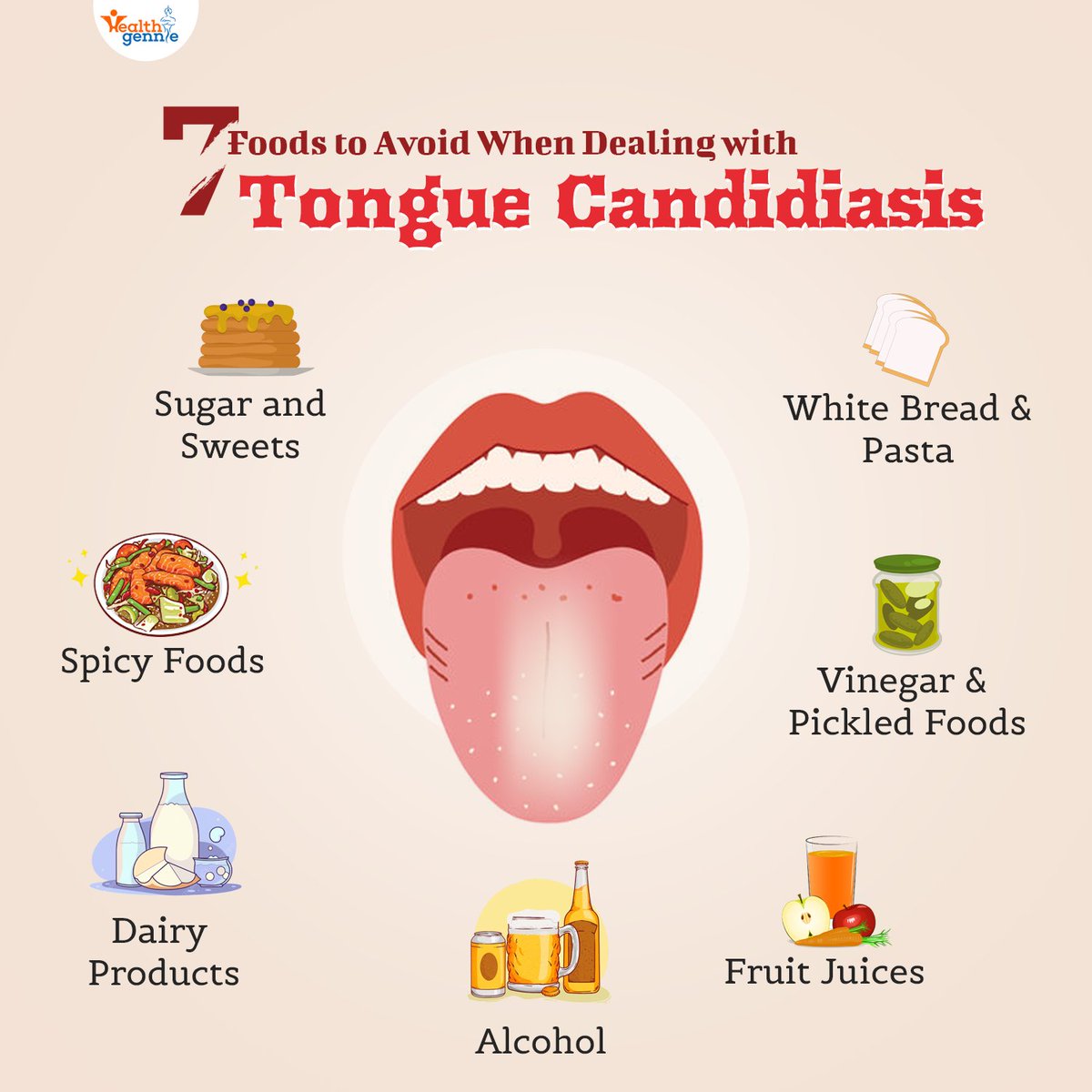 🚫 Dealing with tongue candidiasis? Here are 7 foods to steer clear of. Remember, a balanced diet is key to managing candidiasis! 🥦🍋🥕 

#candidiasisawareness #healthyeating #tonguecandidiasis #balanceddiet #sugarandsweets #healthgennie #whitebreadpasta @healthgennie1