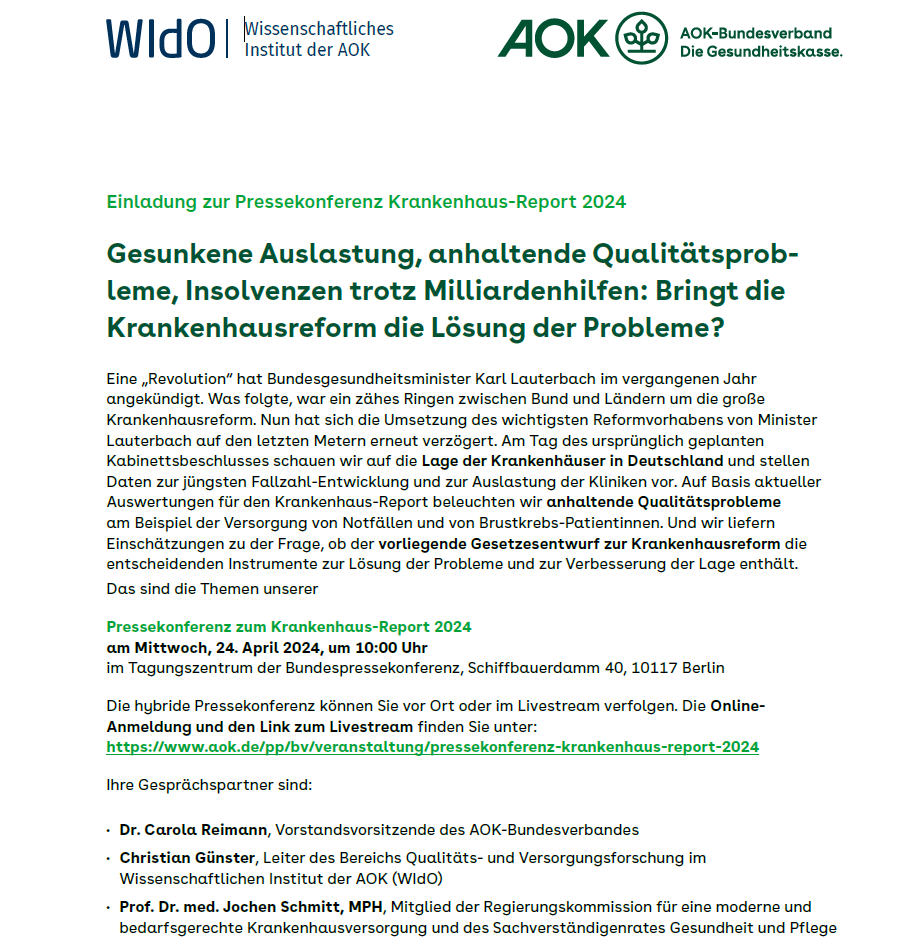 Am 24. April, dem Tag des ursprünglich geplanten Kabinettsbeschlusses zur #Krankenhausreform, blicken wir in der Pressekonferenz zum #KrankenhausReport auf den aktuell vorliegenden Gesetzesentwurf und stellen aktuelle Analysen vor. Mehr Infos & Anmeldung: aok.de/pp/bv/veransta…