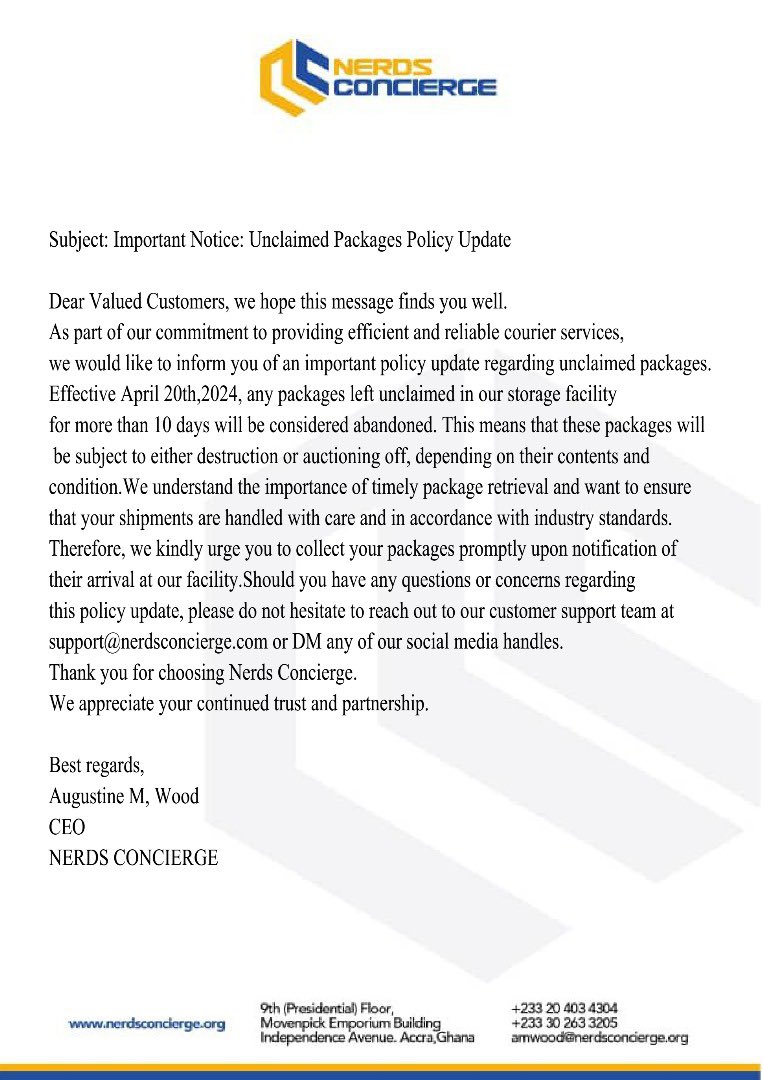 thenerdscon's tweet photo. An important policy update on unclaimed packages. https://t.co/1oaOOxGuqc