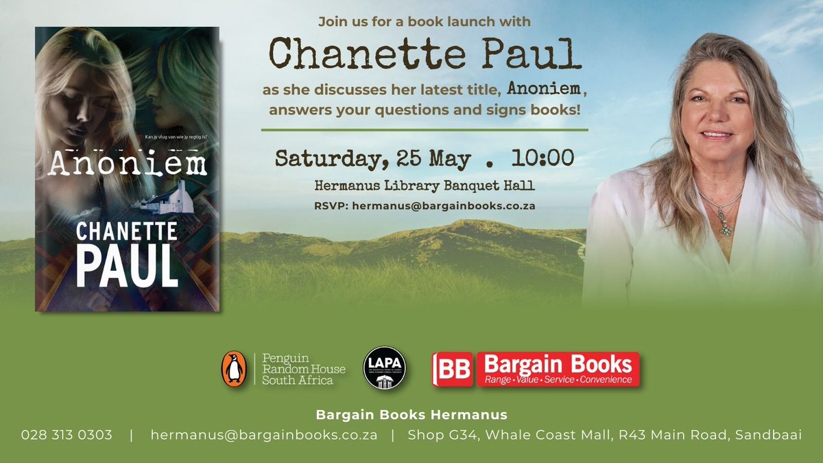 Join us for Chanette Paul's 50th Book Launch! Can you run away from who you really are?A new life, a new town, a new name. Anoniem by Chanette Paul: R350 Link to Event: fb.me/e/4YvfY53mU @Chanettie @LAPAUitgewers @PenguinBooksSA