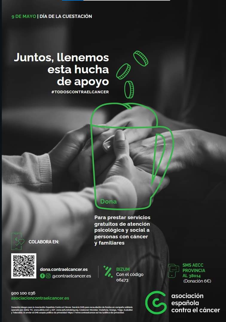 ContraCancerVAL's tweet photo. 🟢Este 9 de mayo te esperamos en la cuestación anual de la Asociación Española Contra el Cáncer.

🔎Localiza tu mesa más cercana, escoge tu franja horaria y ayúdanos a recaudar fondos para seguir avanzando frente al cáncer
 
🫂 Tu colaboración puede marcar la diferencia. https://t.co/rZVanRdnSi