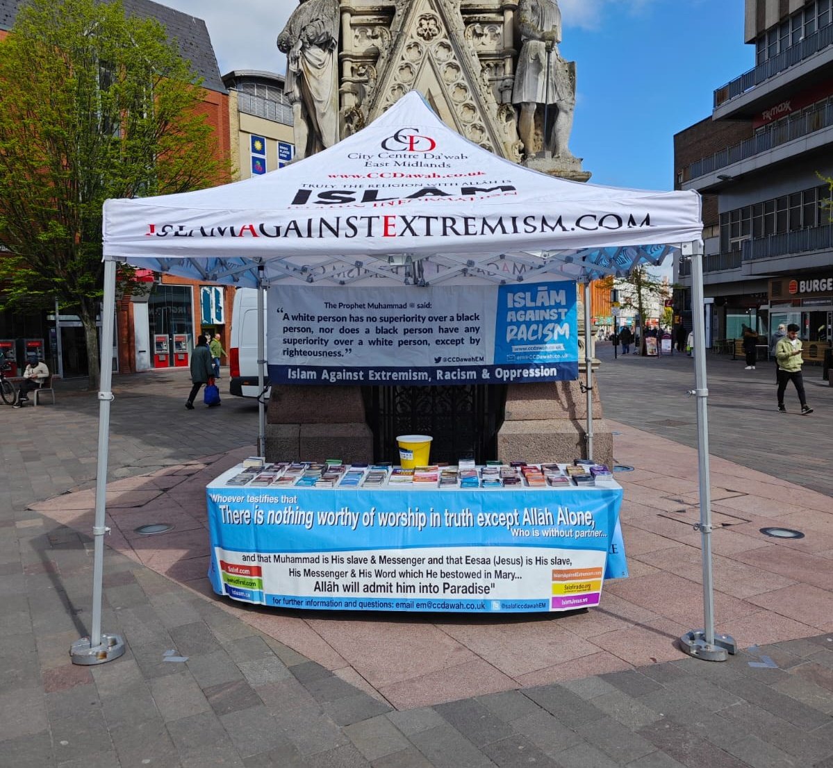 الحمد لله Another person accepts Islam with us at the table in Leicester city centre where we will be for the next few hours disseminating authentic Islamic information. إن شاء الله