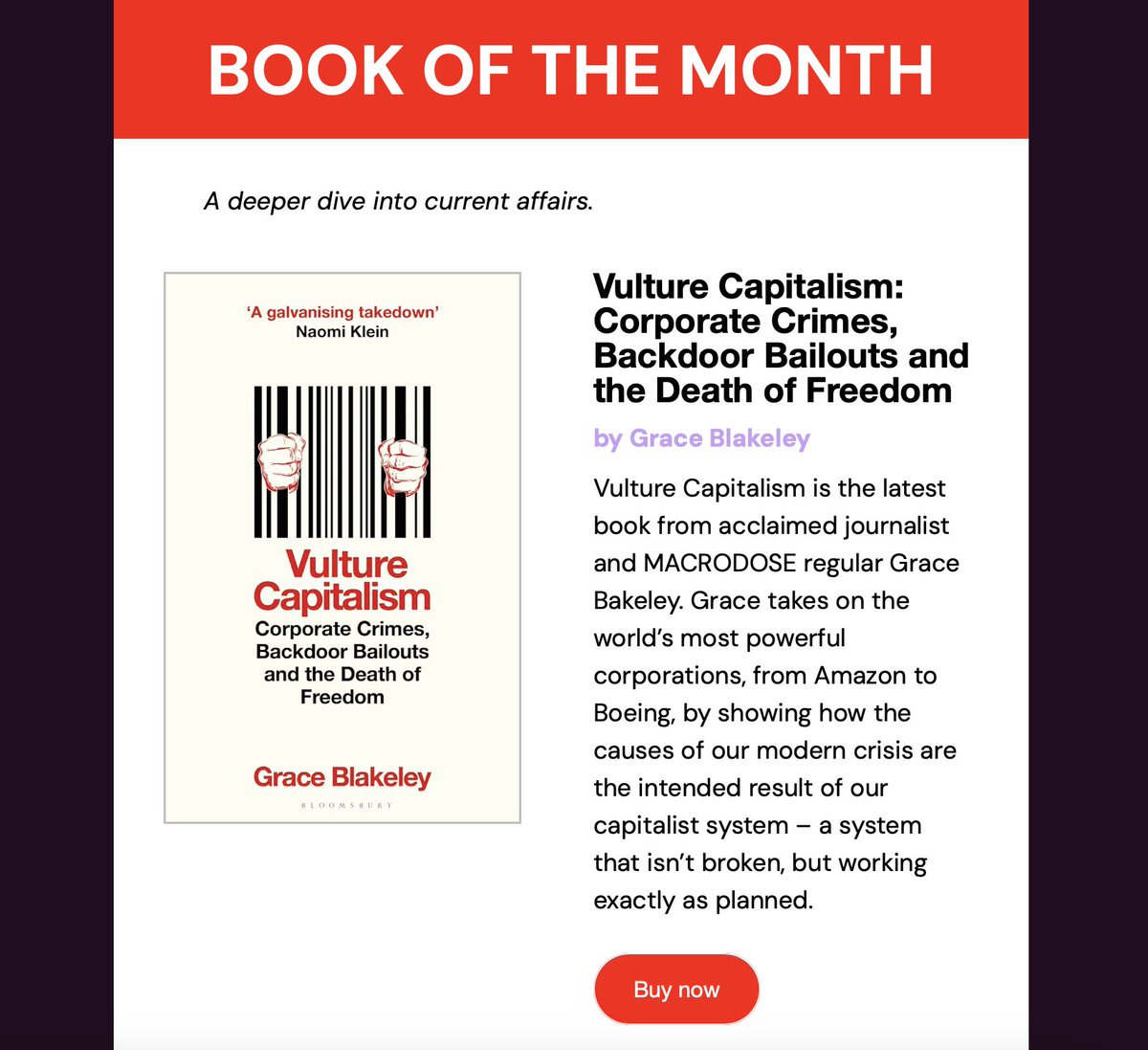Grace takes on the world’s most powerful corporations by showing how the causes of our modern crisis are the intended result of our capitalist system 🫰🤑 Vulture Capitalism is our MACRODOSE #bookofthemonth @graceblakeley @BloomsburyBooks