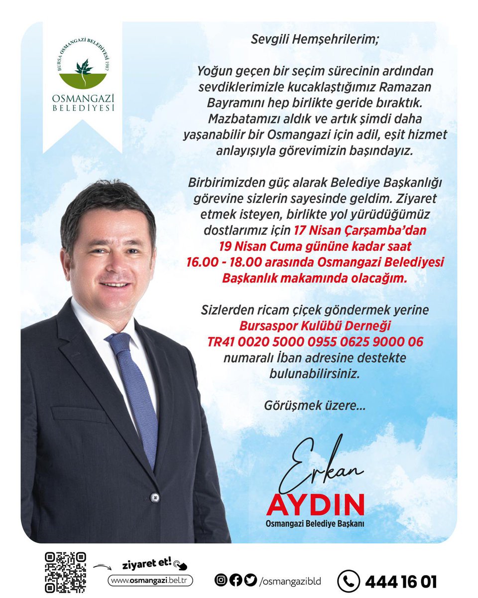 Birbirimizden güç alarak Belediye Başkanlığı görevine sizlerin sayesinde geldim. Ziyaret etmek isteyen, birlikte yol yürüdüğümüz dostlarımız için; 📆 17 - 18 - 19 Nisan 🕓 16.00 - 18.00 saatleri arası 📍 Osmangazi Belediyesi