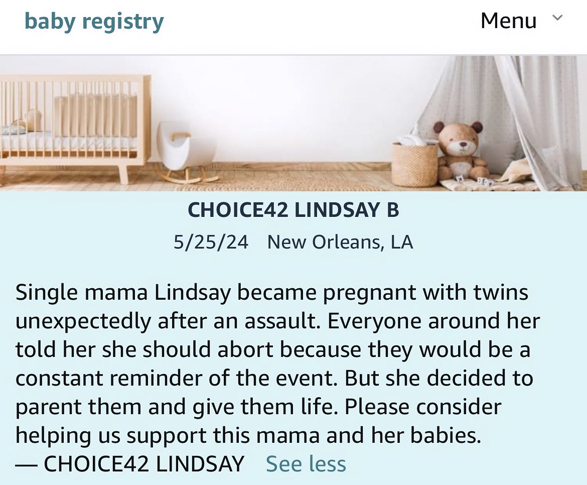 Lindsay has been through something incredibly hard and has very few people supporting her now as she makes the right choice for her babies. Please join us in helping her to prepare for the birth of her children. amazon.com/baby-reg/choic…