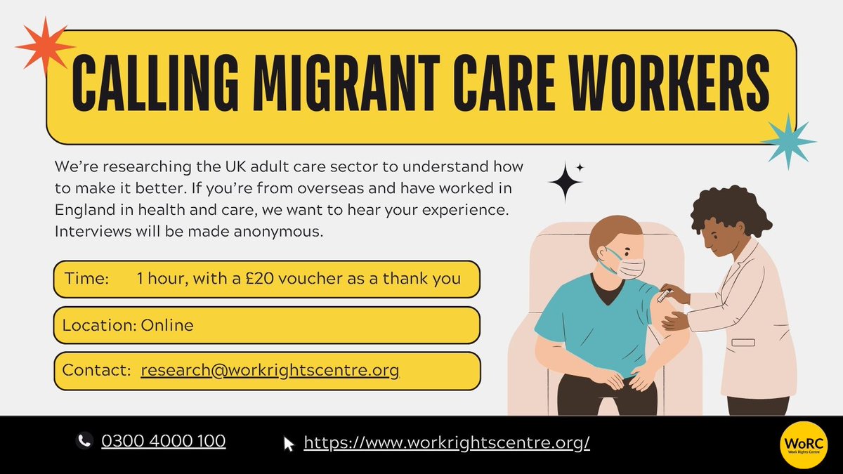 Are you a migrant care worker or do you work with carers from overseas? We're researching what it's like to be a migrant working in adult care, so we can figure out how to make it better. Interviews will last 1 hour and be anonymised. ✨Please share✨ workrightscentre.org/news/have-you-…