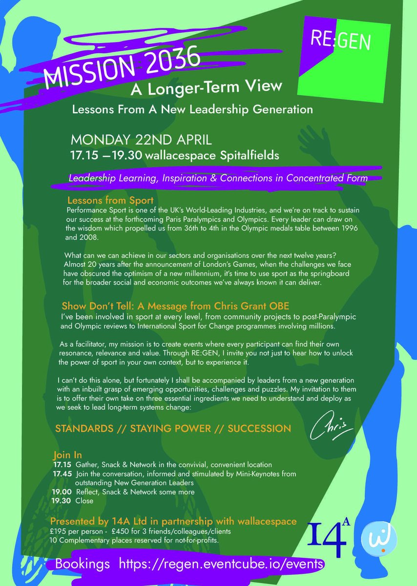 Join @chrisgrant14a for an evening event that promises leadership learning, inspiration &amp; connections in a concentrated form.

🔹 Title: RE:GEN Mission 2036
🔹 Date: Monday 22 April
🔹 Location: <a href="/wallacespace/">wallacespace</a> Spitalfields

More info in flyer below 👇

🔗 regen.eventcube.io/events/58021/r…