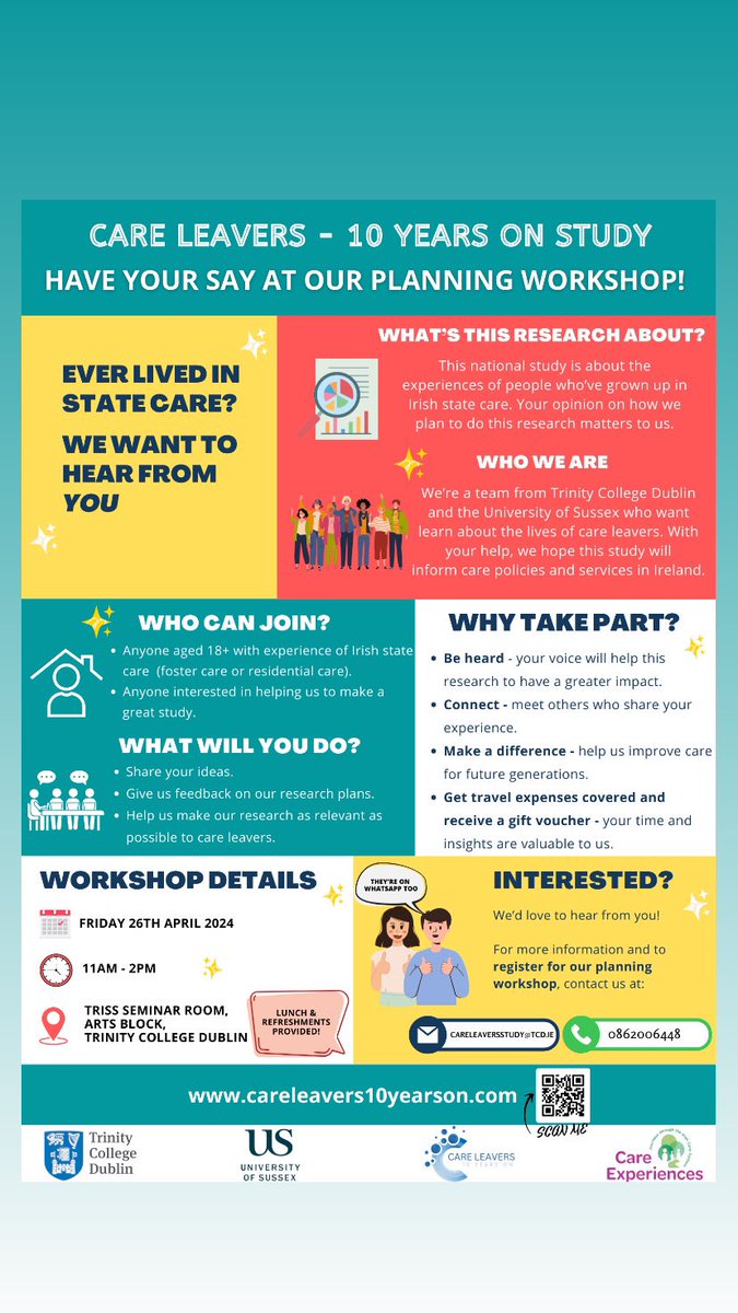 ShaunaghCunnin1's tweet image. The Trinity &amp;amp; Sussex study are carrying out a study on young adults who left care ten years ago and how they are getting on now. Have your say, get involved let your voice be heard #Careavers10YearsOn