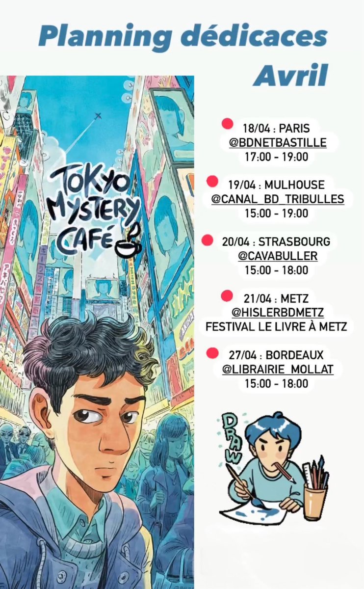 Grosse tournée dédicace en avril !🎉 - jeu 18 : BD Net Bastille à #Paris - ven 19 : Tribulles à #Mulhouse - sam 20 : Ça va Buller à #Strasbourg - dim 21 : Festival le Livre à #Metz - sam 27 : Librairie Mollat à #Bordeaux N’hésitez pas à passer si vous êtes dans le coin ☺️