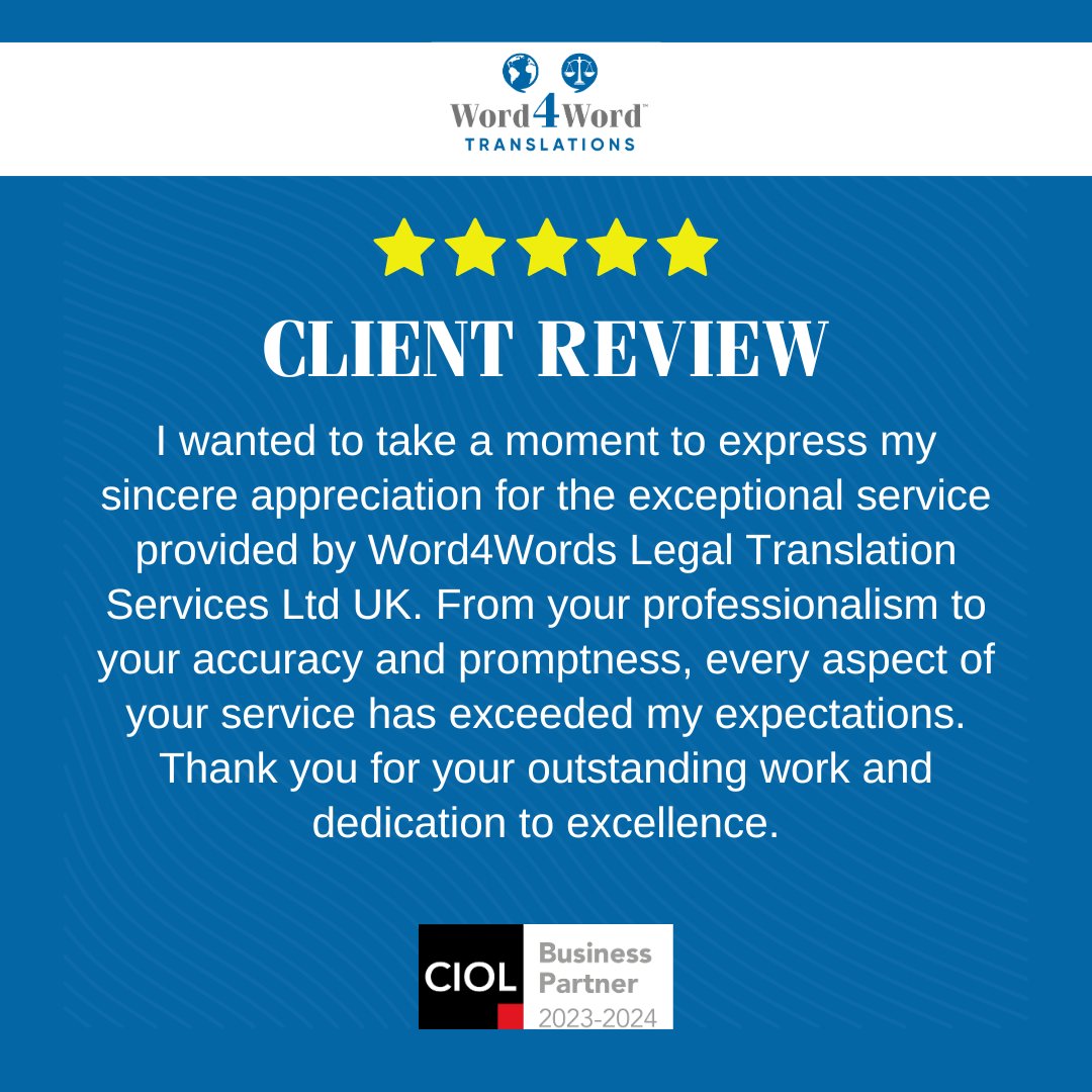 Grateful for clients like you who recognize the dedication and excellence behind every translation. 🌟 Thank you for choosing Word4Words Legal Translation Services Ltd UK!

#ClientAppreciation #ExcellenceInTranslation #solicitors #solicitorsuk