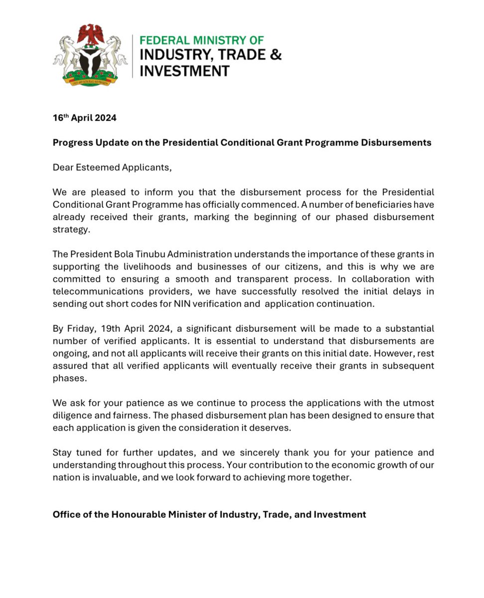 📢 Update on the Presidential Conditional Grant Programme: ✅ Disbursements have begun! A phased strategy is underway & some beneficiaries have already received their grants. 🗓 Significant disbursement set for 19th April for verified applicants. 🙏 Your patience is…